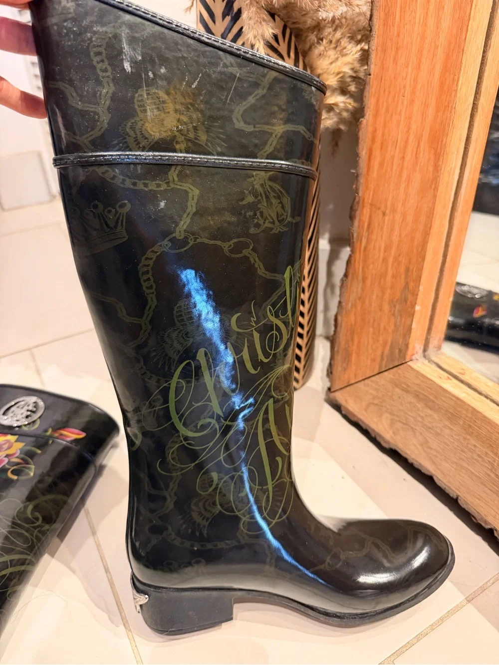 Christian Audigier Women's Black Glossy Floral tattoo print Rain Boots 8